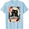 Black Cat Eating RaUnisex Japanese Ukiyo Style Graphic Tee T-Shirt Anime Food Lover Gift