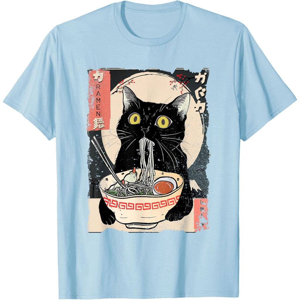 Black Cat Eating RaUnisex Japanese Ukiyo Style Graphic Tee T-Shirt Anime Food Lover Gift