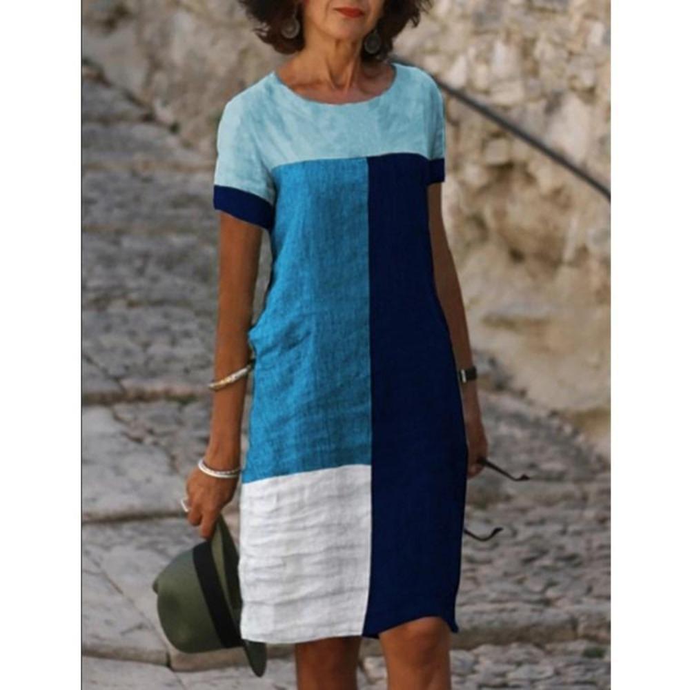 Sommer Lose Patchwork Farbe Gerade Kleid frauen Plus Größe O Hals Kurzarm Midi Kleider