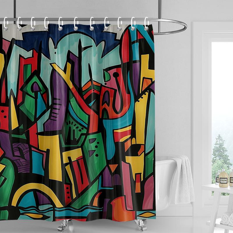 Vibrant geometric shower curtain-orange black modern bathroom decoration, waterproof polyester, colorful abstract home design