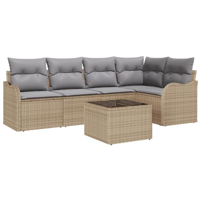 Ensemble de canapé de jardin de 6 pièces avec coussins en rotin synthétique noir, Canapé de jardin de 2 places avec coussins 3345710