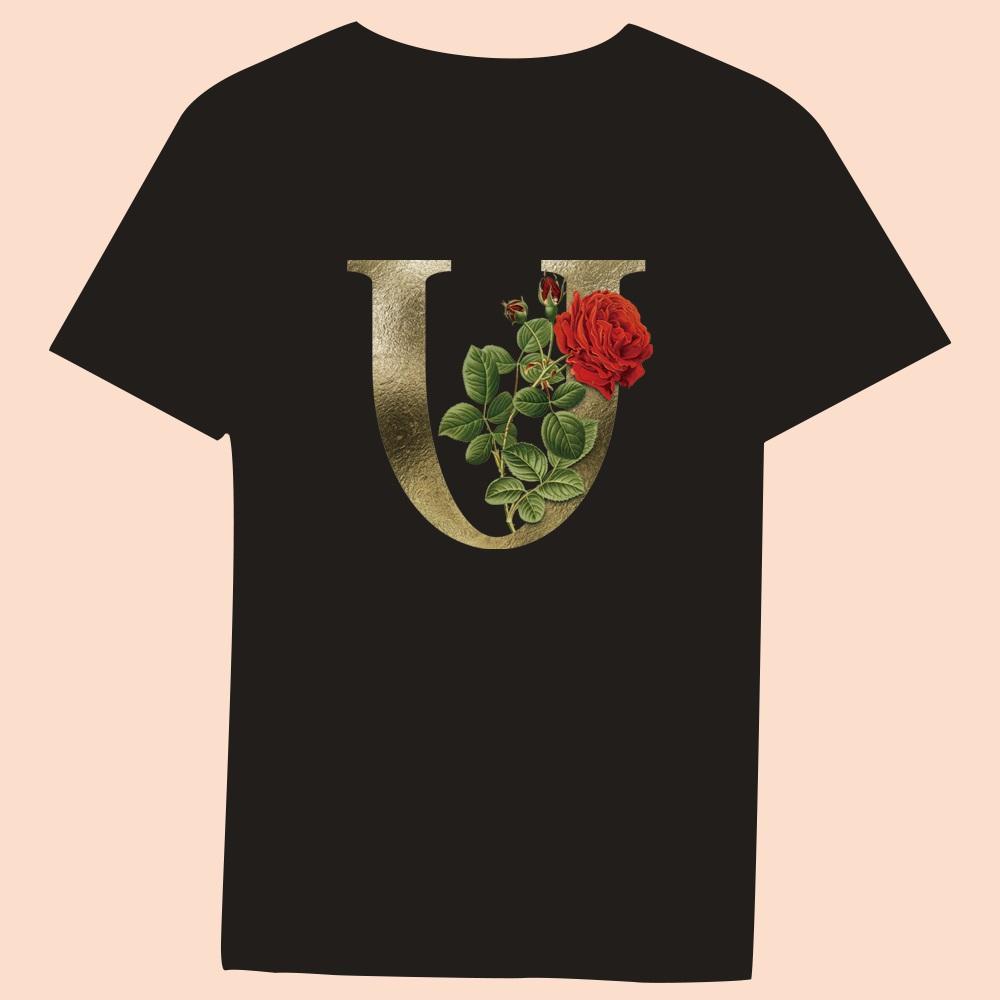 Gold Flower Letter 3D Printing Series Women's Black T-shirt Casual Large Top