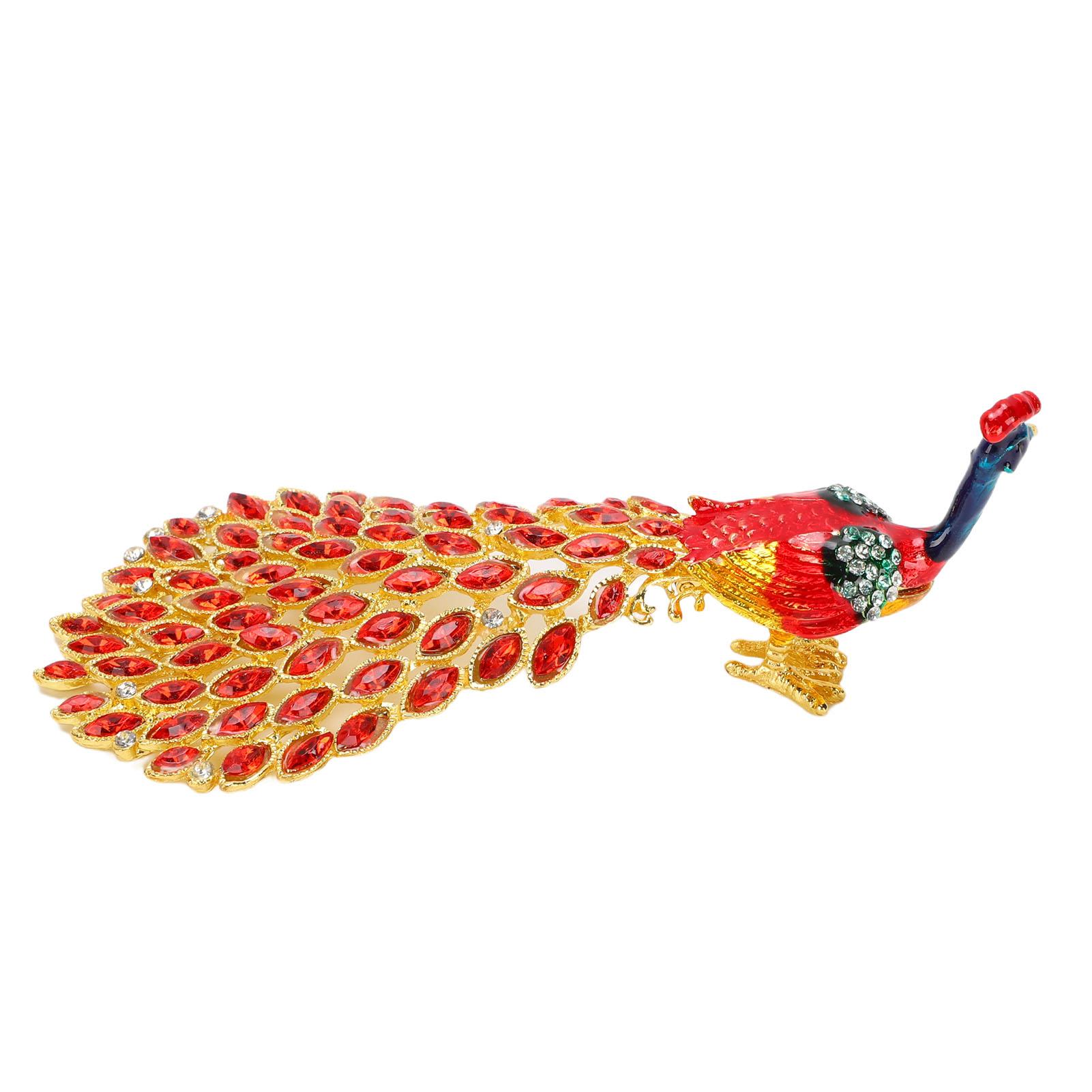 Boîte à Bijoux Paon pour Bagues Boucles d'Oreilles Métal Objet de Collection Mini Figurine Paon Organisateur de Bijoux avec Strass pour rouge