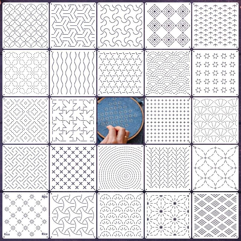 8/9/24/32Pcs Sashiko Embroidery Templates Reusable Pet Sewing Stencils Diy Embroidery Patterns Geometric Line Quilting Template