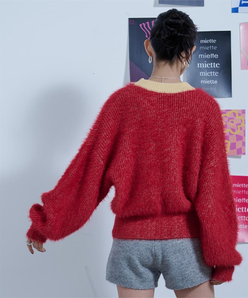 miette Mix Shaggy Volume Sleeve Knit RCXX0789 Free Size Red Women's