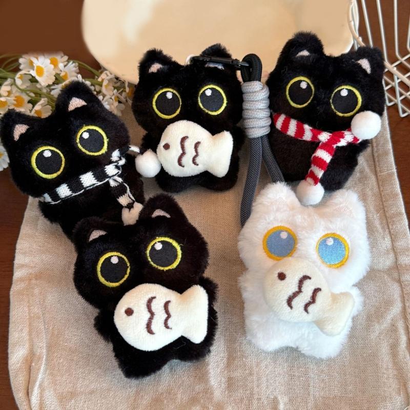 Adorable Plush Black Kitten Keychain With Bells And Fish Toy Christmas Tree Ornament Gift For Kids Birthday Decorations
