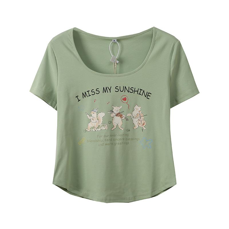 Curved hem printed short-sleeved fit T-shirt women's summer new fat mm pure desire front shoulder top 232220