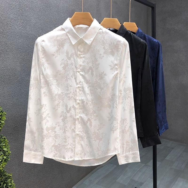 Men's High-end Shirt Spring Summer Long-sleeved Handsome Dark Pattern Shirt Slim and Trendy Brand Versatile Top