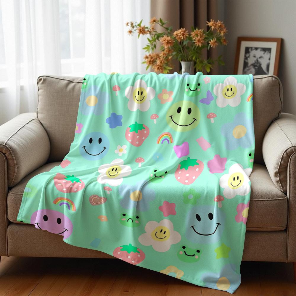 Mint Cute Mix Cartoon Sticker Cartoon Anime Print Flannel Blanket Soft Warm Throw for Kids Bedroom Sofa Christmas Office Car
