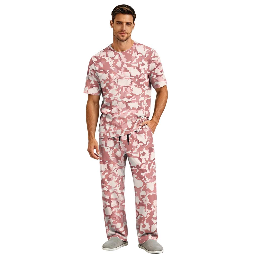 Herren Kurzarm-Schlafanzug-Set mit langer Hose, Schrittknopf und elastischem Kordelzugbund für zu Hause