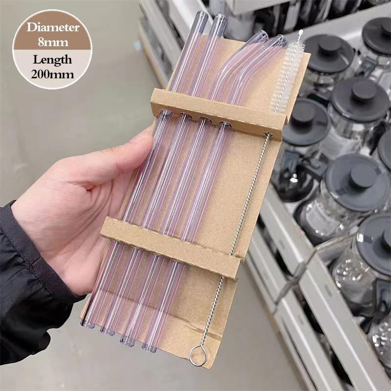 4PCS Reusable Glass Straws Multi-Color Drinking Straw for Milk Tea Juice Cocktail Straight & Bent Straw with Cleaning Brush