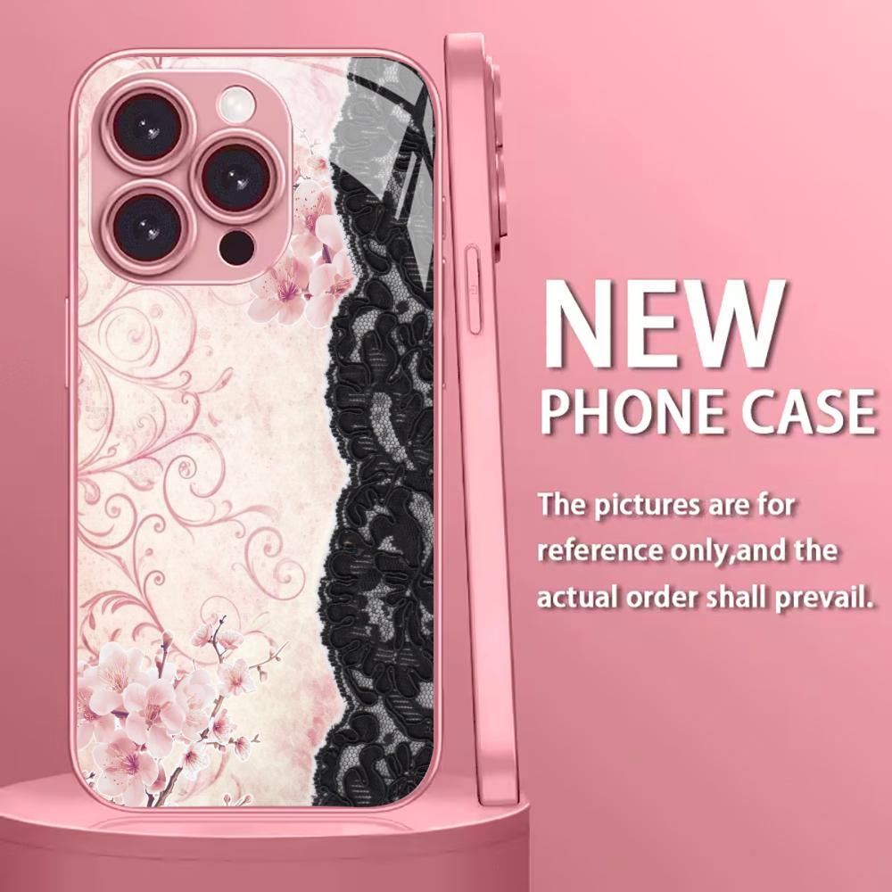Luxury Pink Floral Lace Split phone case mobile phones for iphone 17 pro max cover Glass for iPhone 17 16 15 14 13 12pm Pro Plus