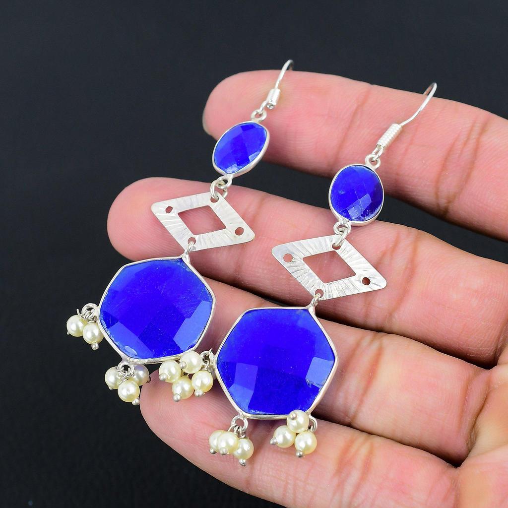 Sterling Silver Blue Sapphire Gemstone Wedding Drop Dangle Boho Earrings Jewelry