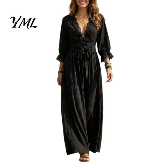 Versatile Commuter Dress Women V-Neck Lace for Fall, 3/4 Sleeves Maxi with V Neck Belt, Solid Color Loose Casual Long Vacation Daily Wear