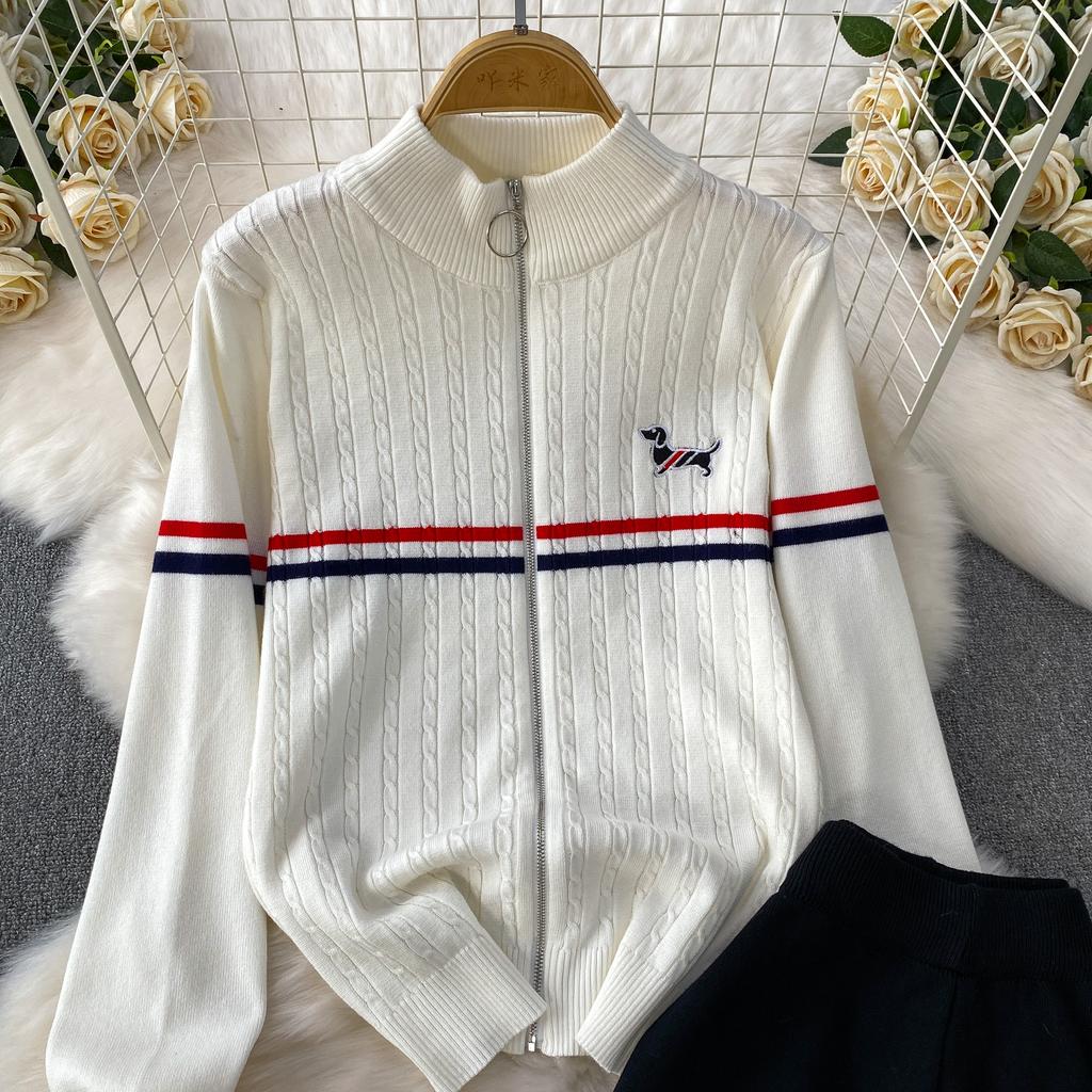 Faionable Knitted Embroidered Striped Set High Waist Wide Leg Pants Zipper Jaet for Women Autumn Season Casual Wear