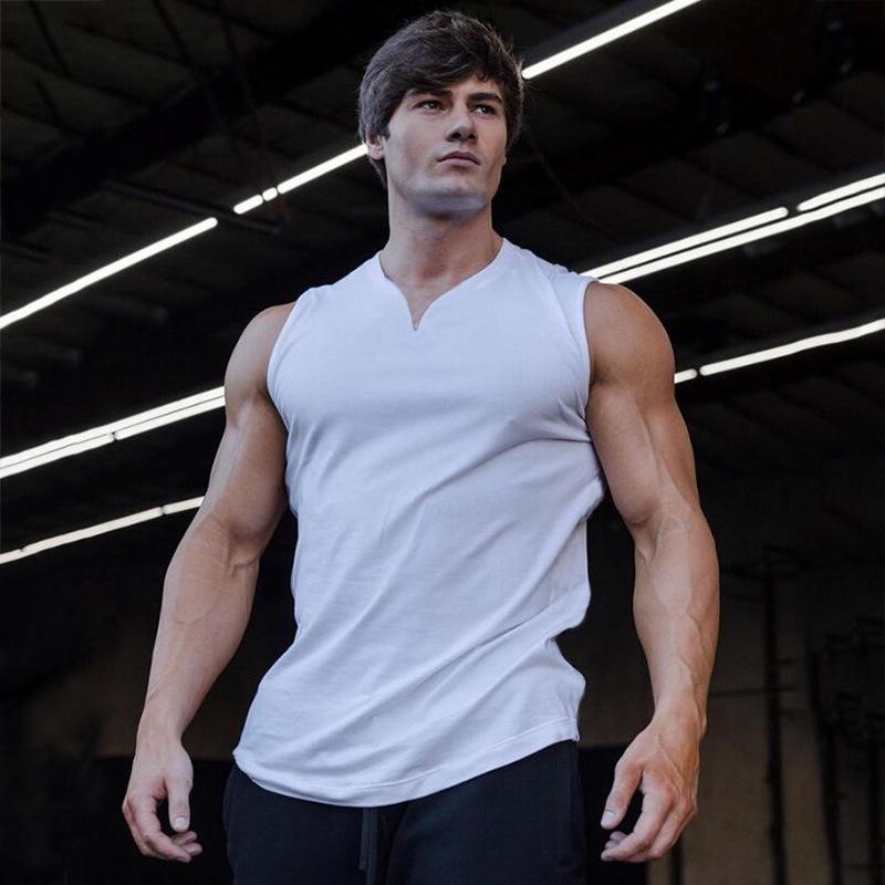 Pánské jednobarevné tílko s výstřihem do V na léto pro fitness a běh - bavlněné tričko bez rukávů