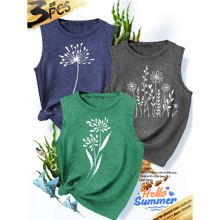 2026New Women's vest3Pieces Dandelion Wildflower Print Simple, Stylish, Casual, Versatile, Comfortable, Soft, Skin-friendly Spring/summer Top S-XXL