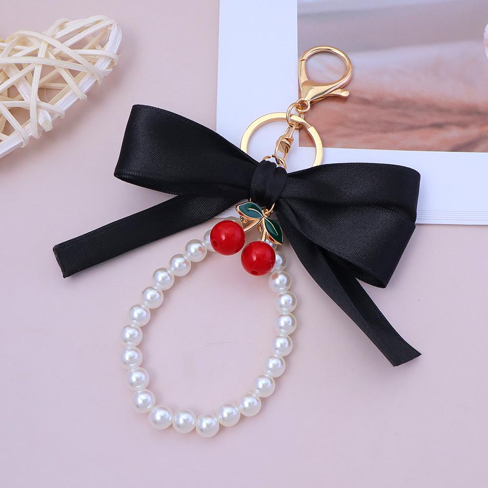 Fashion Large Bowknot Ribbon Pearl Chains Key Chain Women's Cherry Pendant Keyrings Bag Ornament Car Trinket Accessories