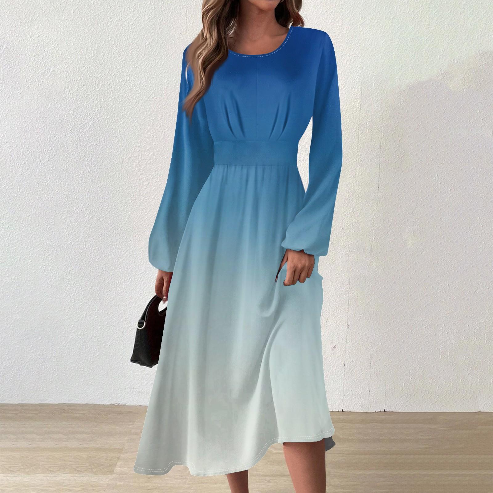 

Женское осенне-зимнее повседневное модное платье с круглым вырезом и длинным рукавом с принтом XL небесно-голубой