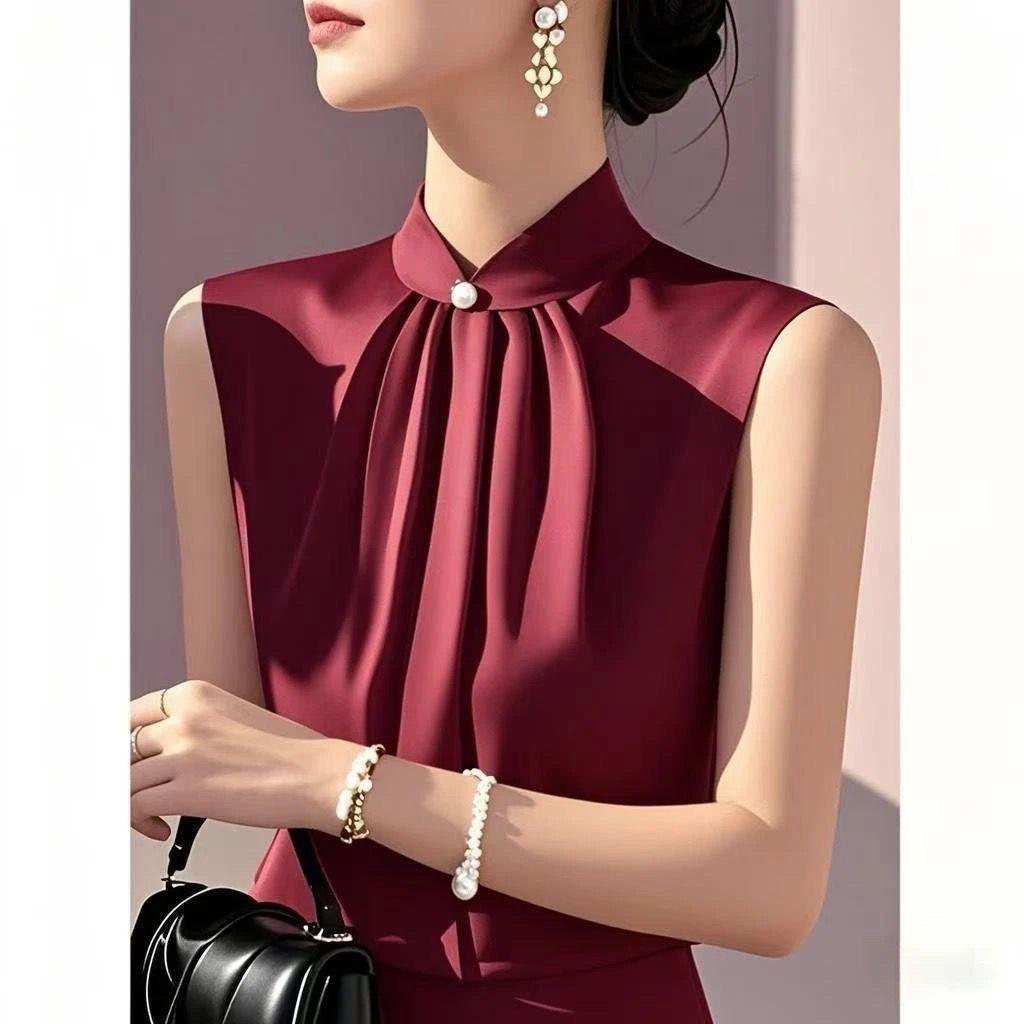 

Летняя французская атласная уникальная легкая роскошная шикарная высококлассная рубашка без рукавов S красный