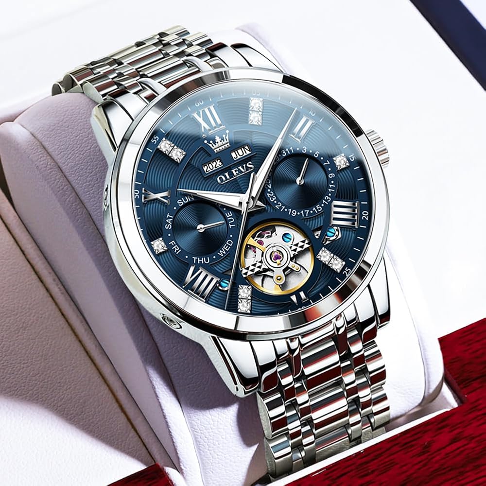 OLEVS Automatic Mechanical Skeleton Luxury Dress Watch Stainless Steel Diamond Men's Watch Blue