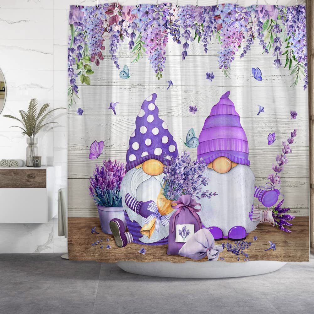 Lavender Gnome Shower Curtain Farmhouse Rustic Wooden Board Watercolor Purple Floral Butterfly Decor for Home Bathroom Decor Set