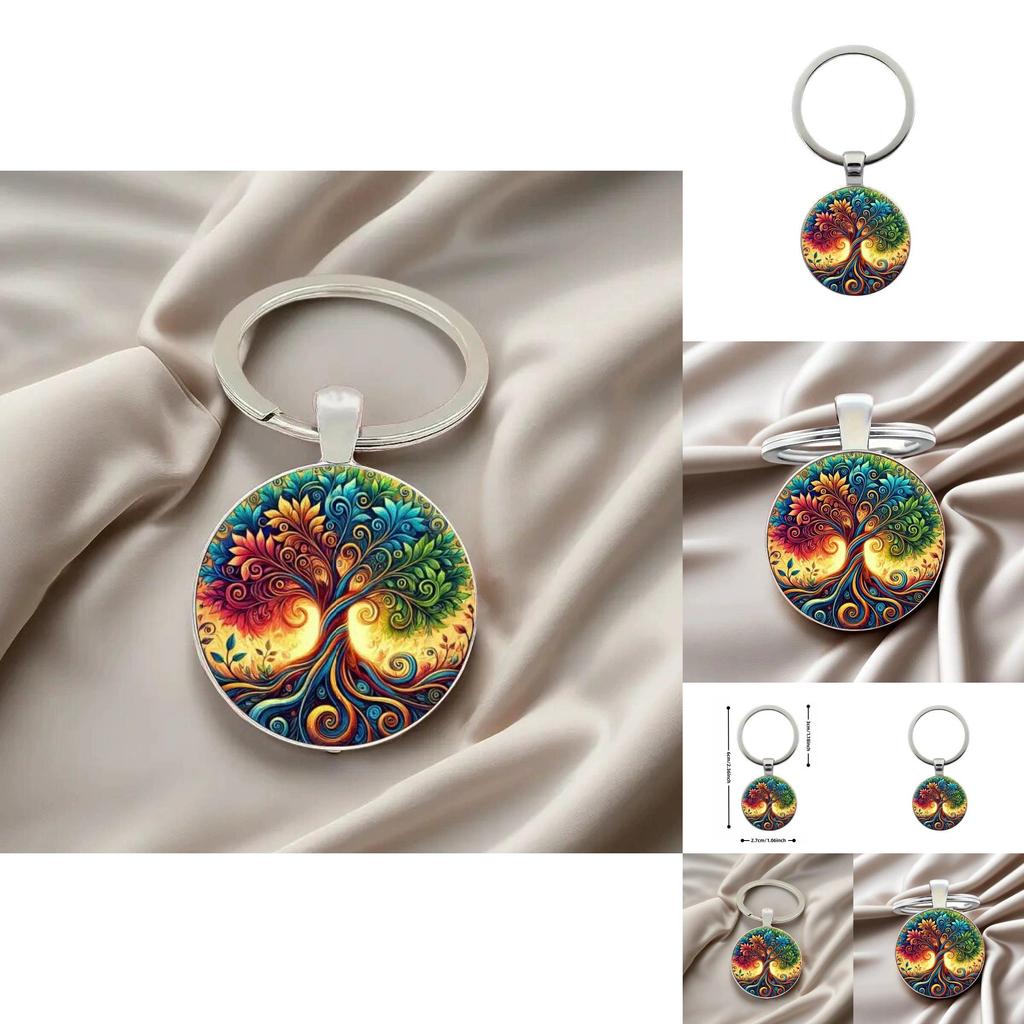 Life Tree Glass Pendant Keyring With Colorful Line Pattern For Festival And Recognition Gifts