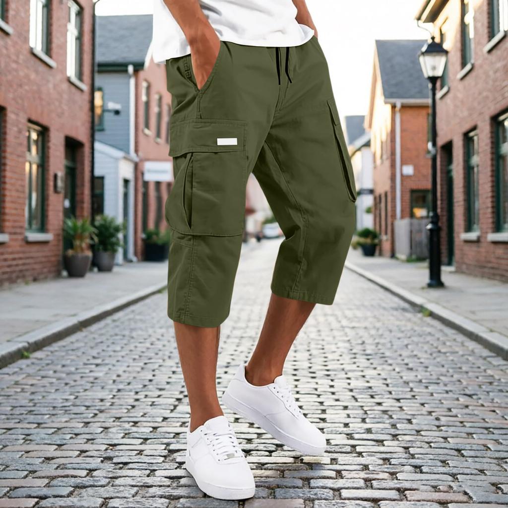Men’s Drawstring Waist Multi Pocket Cargo Capri Pants Relaxed Fit Seven Quarter Length Casual Trousers for Everyday Wear