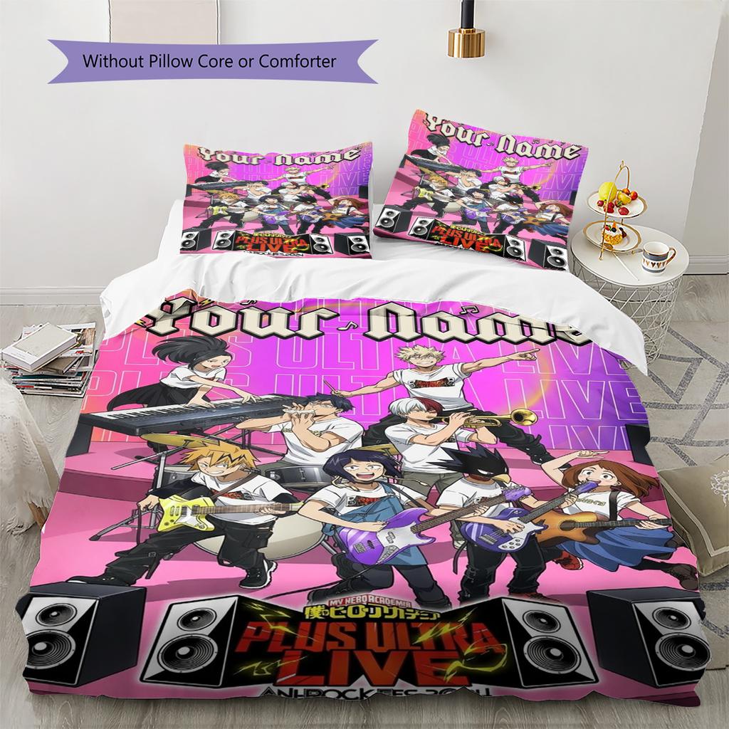 Name Custom My Hero Academia Pattern Bedding Set Quilt Cover Pillowcase Home Decor Gift (1 * Duvet Cover + 2 * Pillowcase, Without Core)