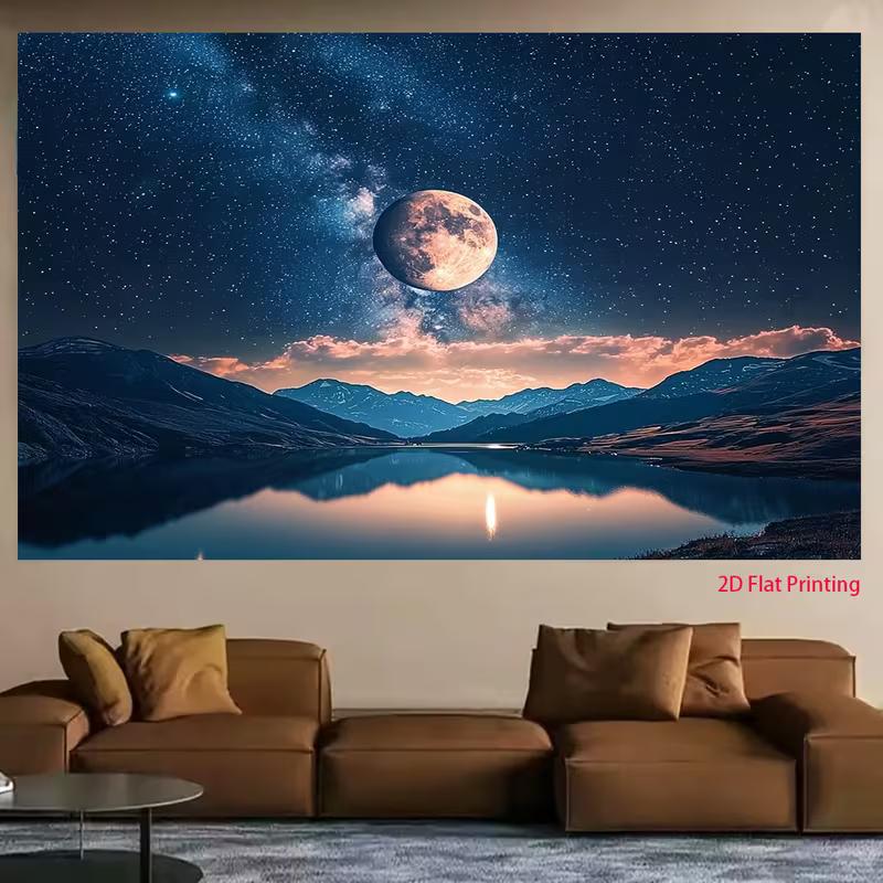 2D Celestial Moon Landscape Tapestry Night Sky Mountain Water Home Decor Banner