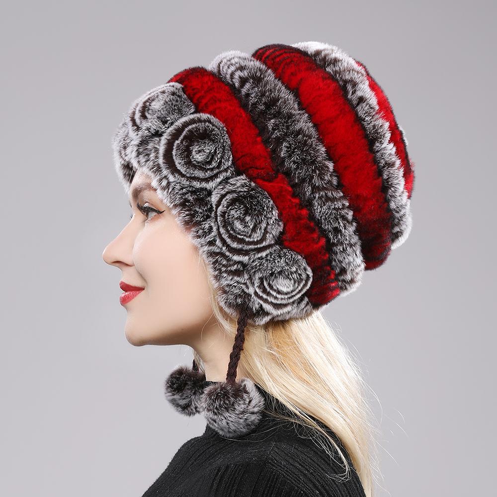 Winter Hats for Girls Women's Fur Hat Real Rex Rabbit Cap Floral Knitted Hat with Balls Skulls Beanies 55-59cm