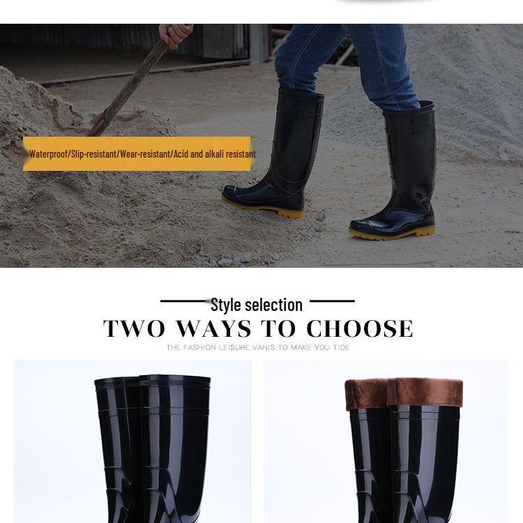 Men's Black Non-Slip Wear-Resistant High-Top Construction Rubber Rain Boots