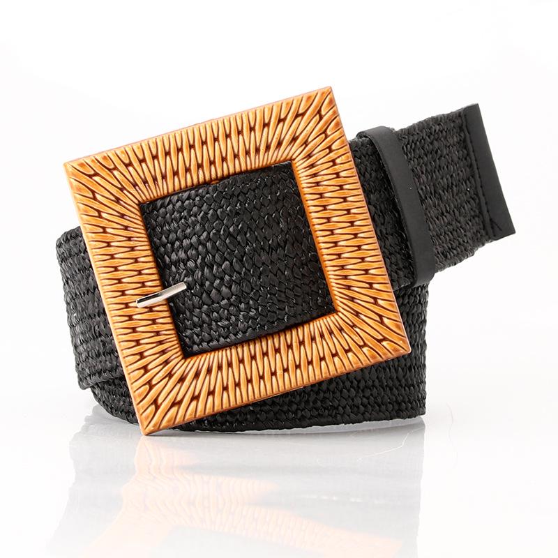Women's Wide Round Buckle Elastic Belt - Cotton & Linen, Straw Style, Mori Girl Fashion.