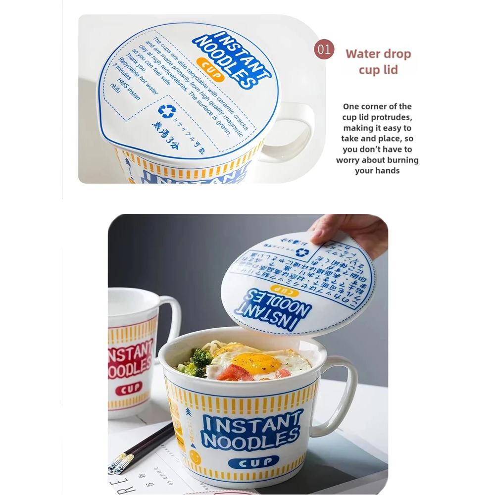 Instant Noodle Bowl with Handle Large Capacity Ramen Bowl Creativity Lid Ceramic Instant Lunch Bowl Cute Design Japanese Cup