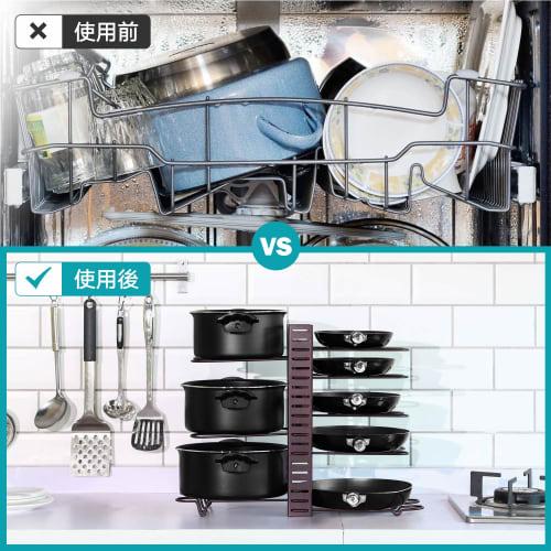 HASONA Frying Pan Stand (8 Compartments, Frying Pan Rack with 4 Hooks), Pot and Pan Storage Stand, 3 Installation Methods, Adjustable Height (Vertical