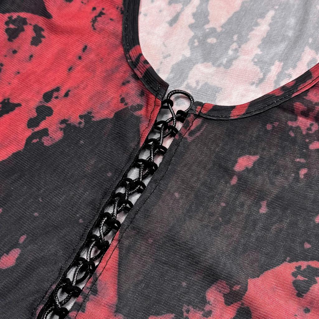 Short Sheer Dark Fairy [NAMEOF] Lace-up Top, Core, Grunge, Y2K, Women's, See-through, Red, Sexy, Cut-and-Sew