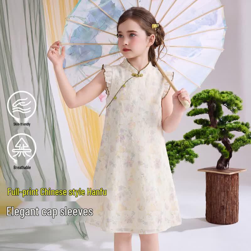ASK JUNIOR Girls  New Chinese Style Floral Flutter Sleeve Dress 130