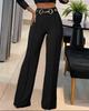 Women's High Waist Straight Leg Pants with Metal Buckle - New Solid Color Fashion Arrivals