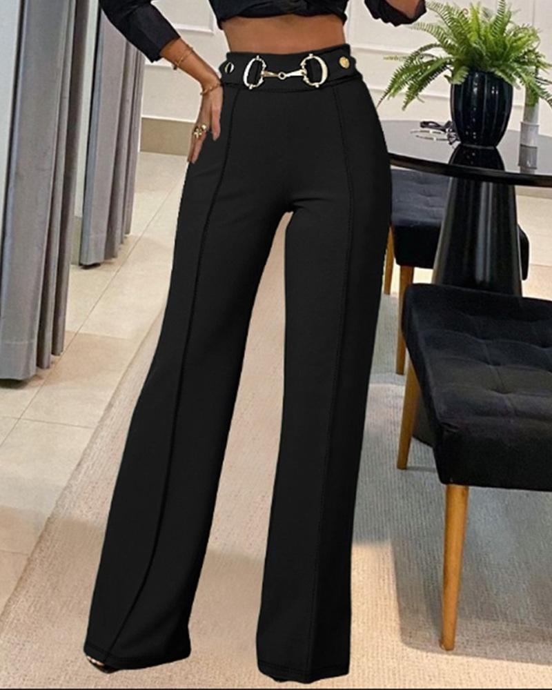 Women's High Waist Straight Leg Pants with Metal Buckle - New Solid Color Fashion Arrivals