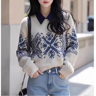 Jacquard Sweater For Women Autumn Winter New Arrival French Retro Layered Wear Texture Loose Crew Neck Knitwear Top
