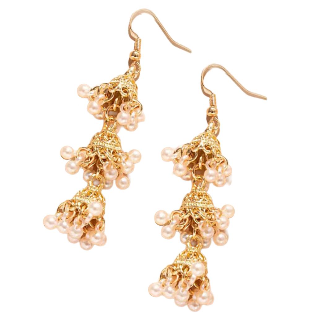 Pair Of Alloy Made Bohemian Style Dangling Earrings With Three Layer Hollow Out Bell Tassels For Versatile Outfits And Special Event