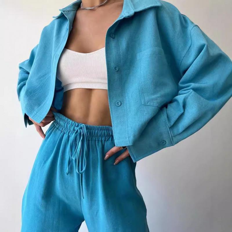 2025 European & American Solid Color Long Sleeve Shirt & Drawstring Pants Set