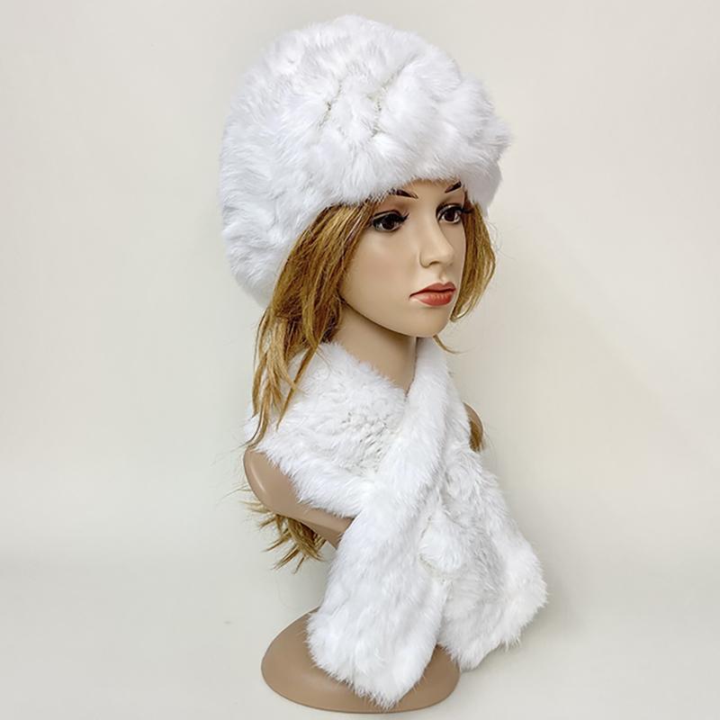 Winter Warm Rabbit Fur Hat Scarf Set Natural Fur Knitted Shawl High Elastic Women Beanie