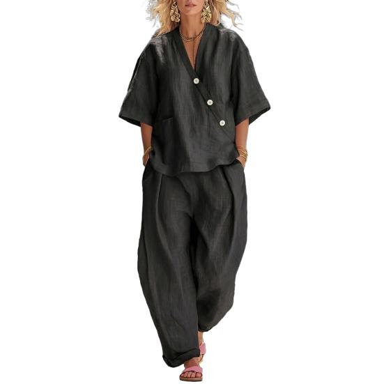 

Женский комплект из 2 предметов Повседневный топ с пуговицами, коротким рукавом и V-образным вырезом и длинные брюки Комплект для отдыха с карманами Летний свободный комплект XL