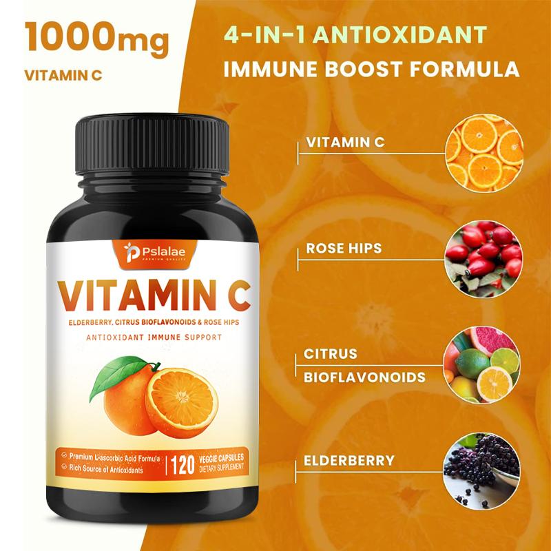 Pslalae Rosehip Vitamin C Capsules, All-natural, 1000 Mg Per Serving, Contains Elderberry, Immune-boosting.