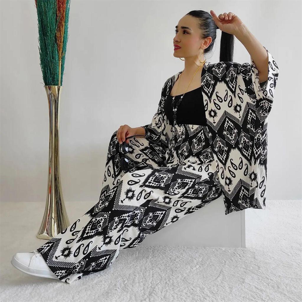 Temu 2024 Summer Women's Loose Plus Size Printed Set: Mid-Sleeve Shirt & Wide-Leg Pants