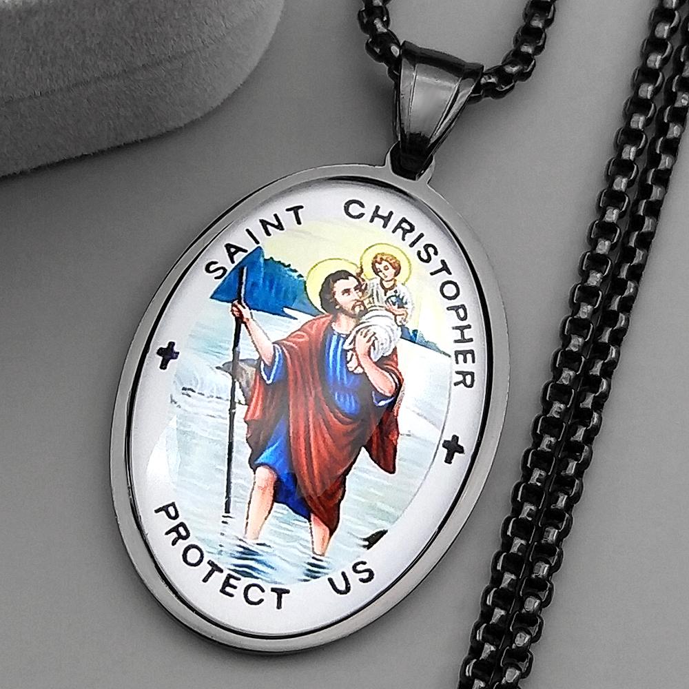 Saint Christopher Protect Us Glass Medal Pendant Necklace for Women Men Stainless Steel Gold Color Catholic Traveler Jewelry