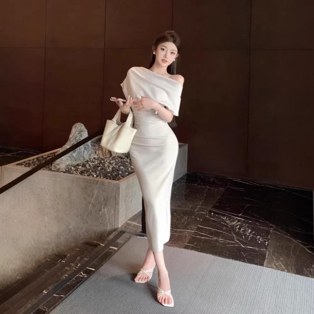 2026 New Spring Korean Wear Slanted Shoulder Swing Collar Dress, Children's Spring and Summer Temperament Slim-fitting Hip-wrapped Dress