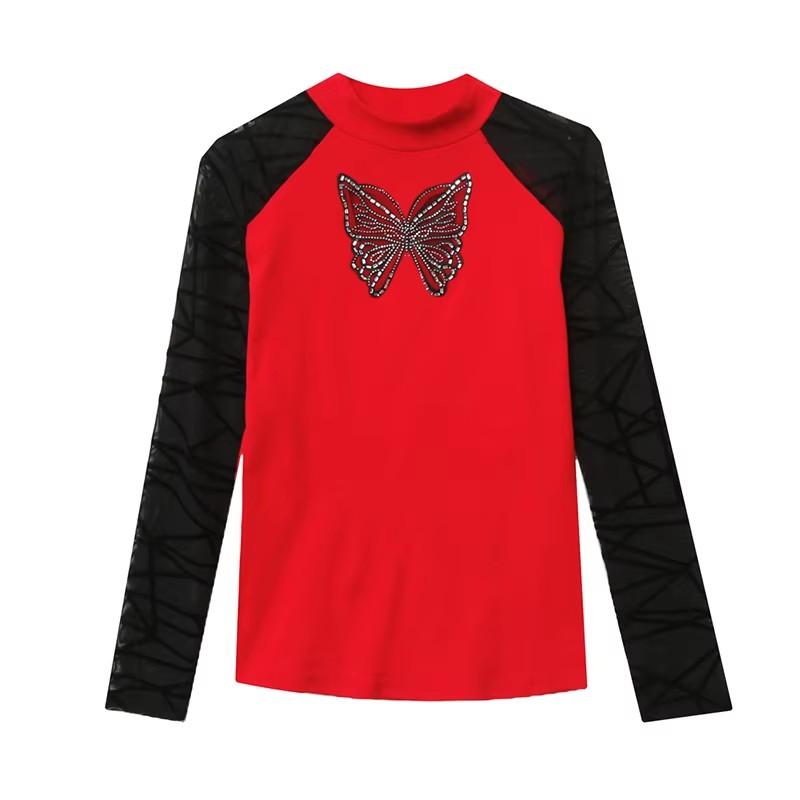 Spring Autumn Classic Butterfly Hot Diamonds T-Shirt Sexy Women Cotton Tees Fashion Streetwear Girl Tops Shirts