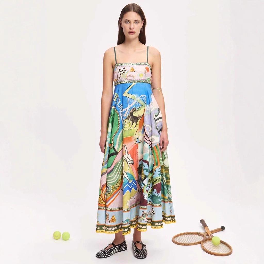 2025 Sommer Damen Ärmelloses Spaghettiträgerkleid - Graffiti Leinen mit großem Saum
